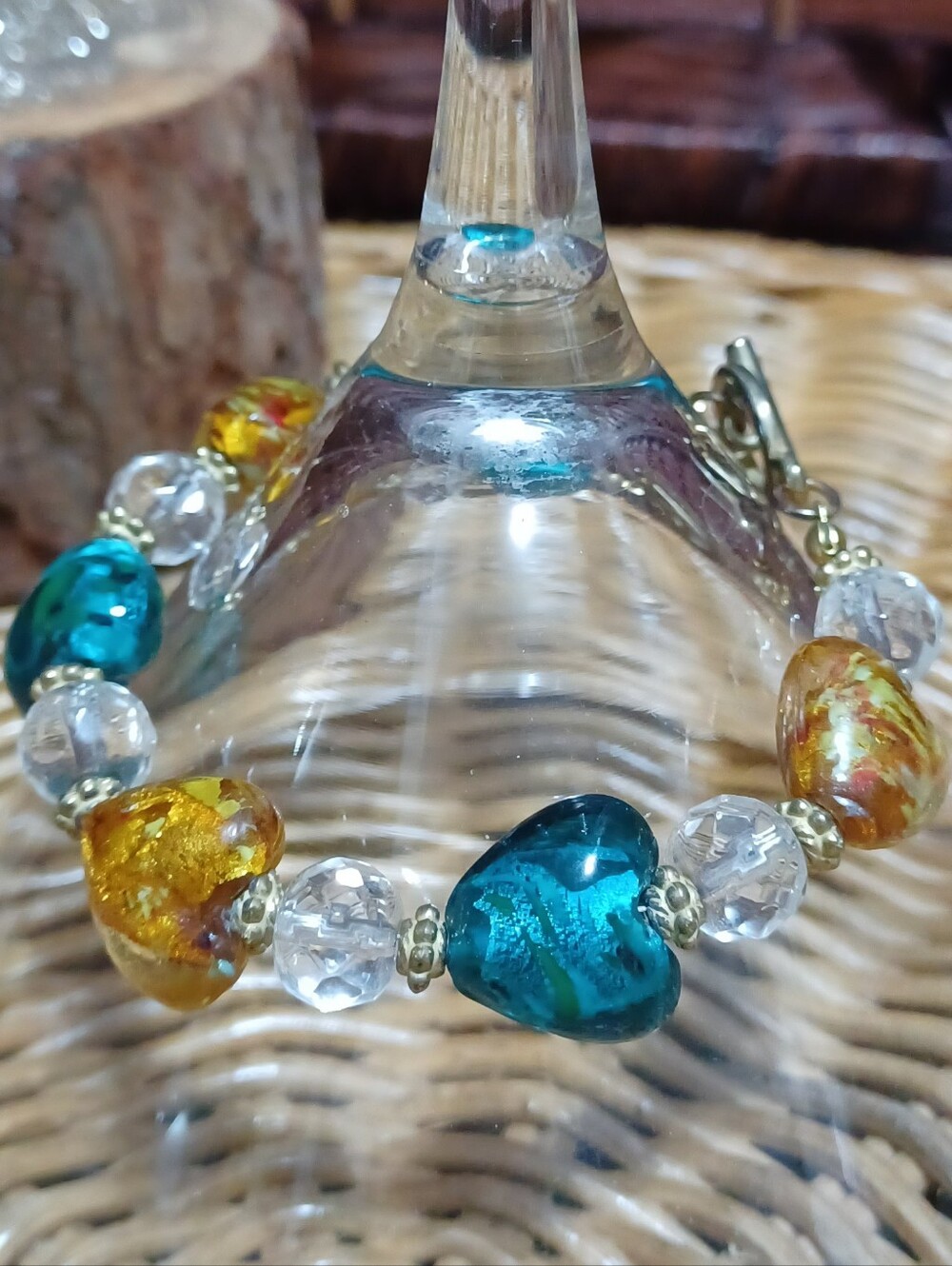 Teal and Amber Heart Glass Bead Bracelet - Women's Jewelry